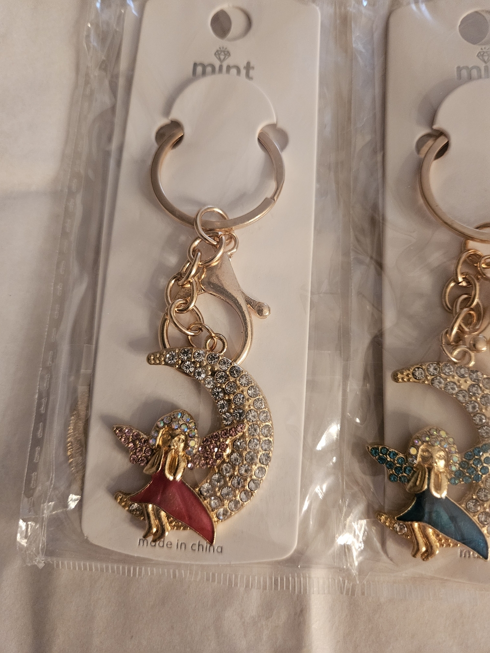 6 Mint Gold-Tone Crescent Moon and Angel Keychain with Assorted Colors